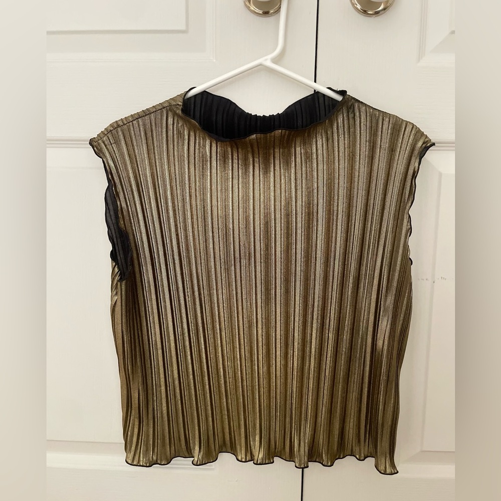 Metallic Pleated Shell Top - Shimmery Olive Gold